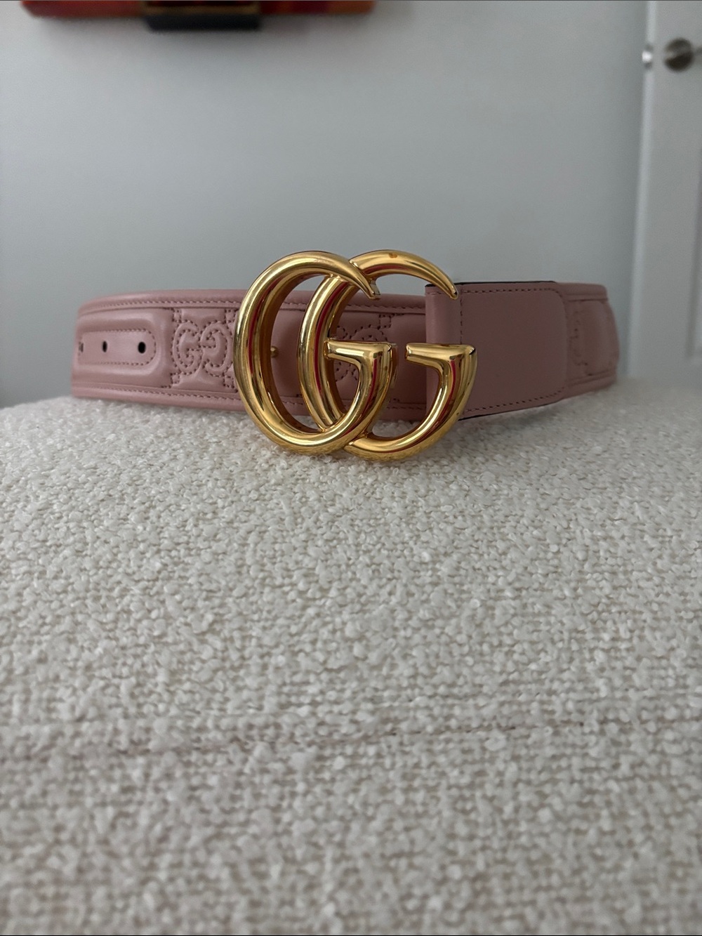 Gucci Blush Pink Leather Belt with Gold Double G Buckle